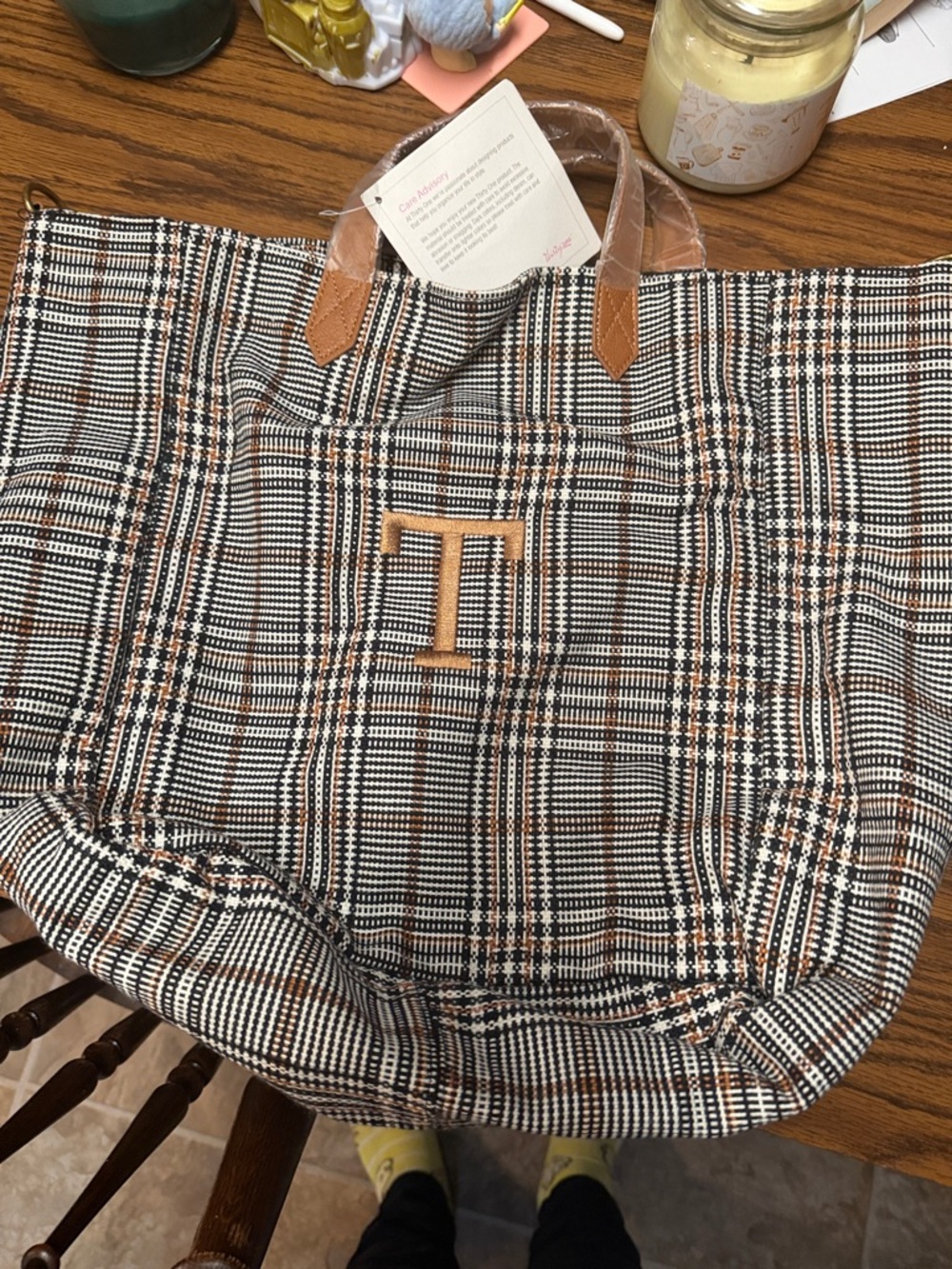 thirty-one Black, White and Tan Plaid Tote with Monogram Accent